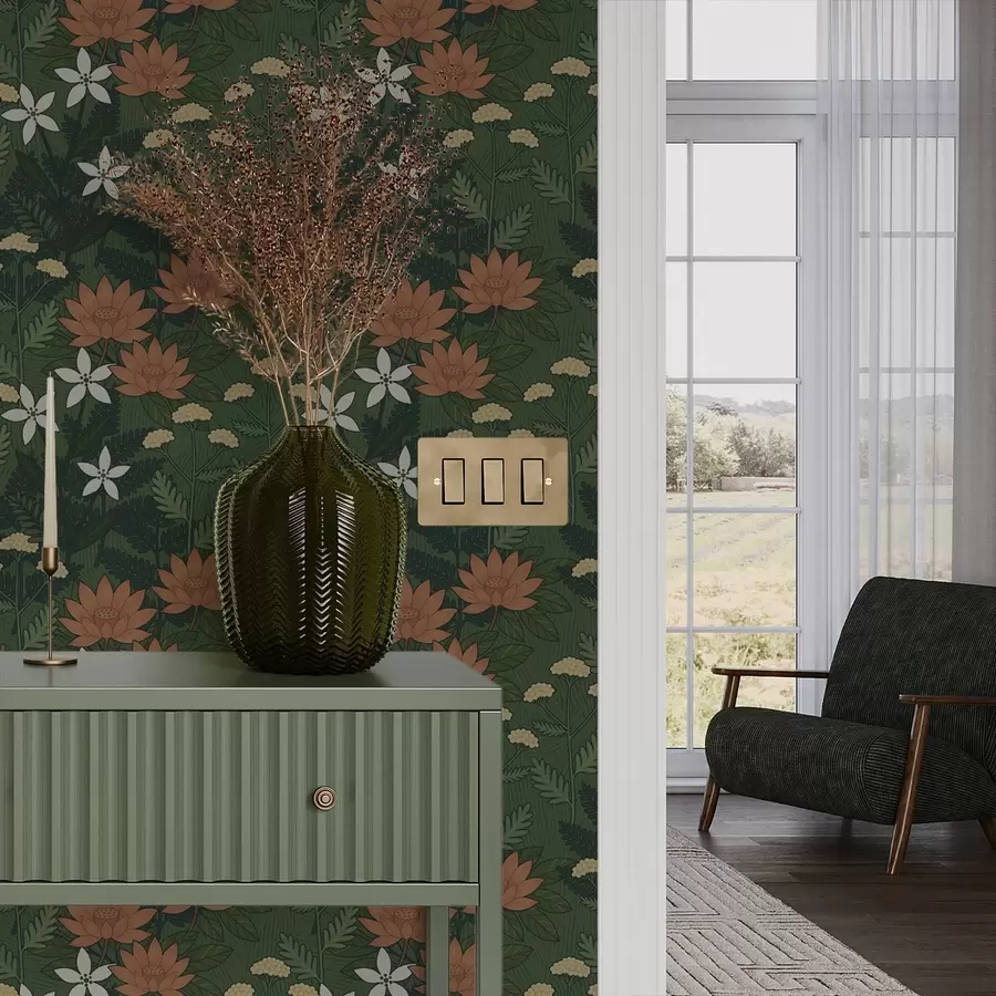 carta da parati Grandi fiori tra fogliame verde, composizione decorativa nr. a00708