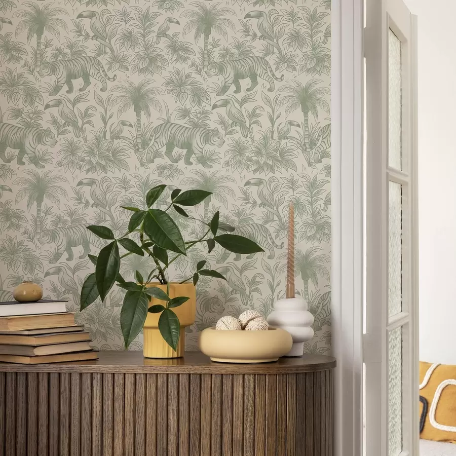 carta da parati Tigri e uccelli tropicali tra le palme su uno sfondo chiaro nr. a00711