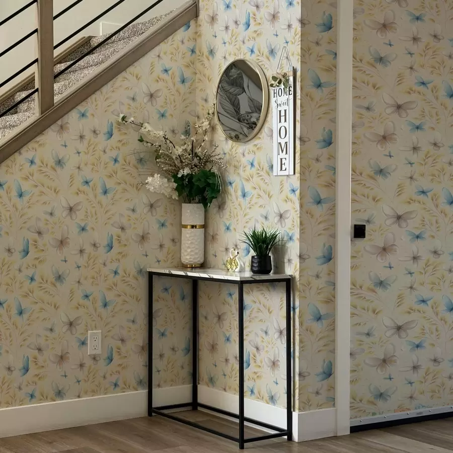 carta da parati Farfalle leggere tra foglie gialle su uno sfondo chiaro nr. a00795