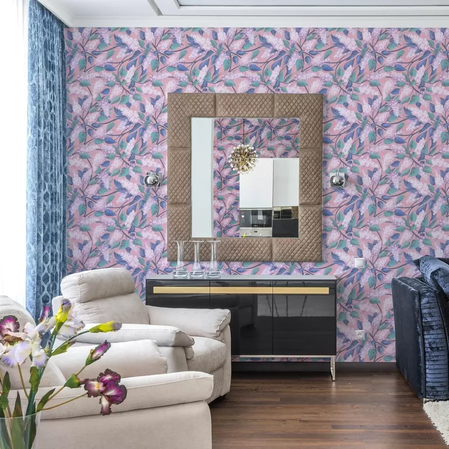 carta da parati Delicati fiori lilla su sfondo rosa, atmosfera primaverile nr. a00797