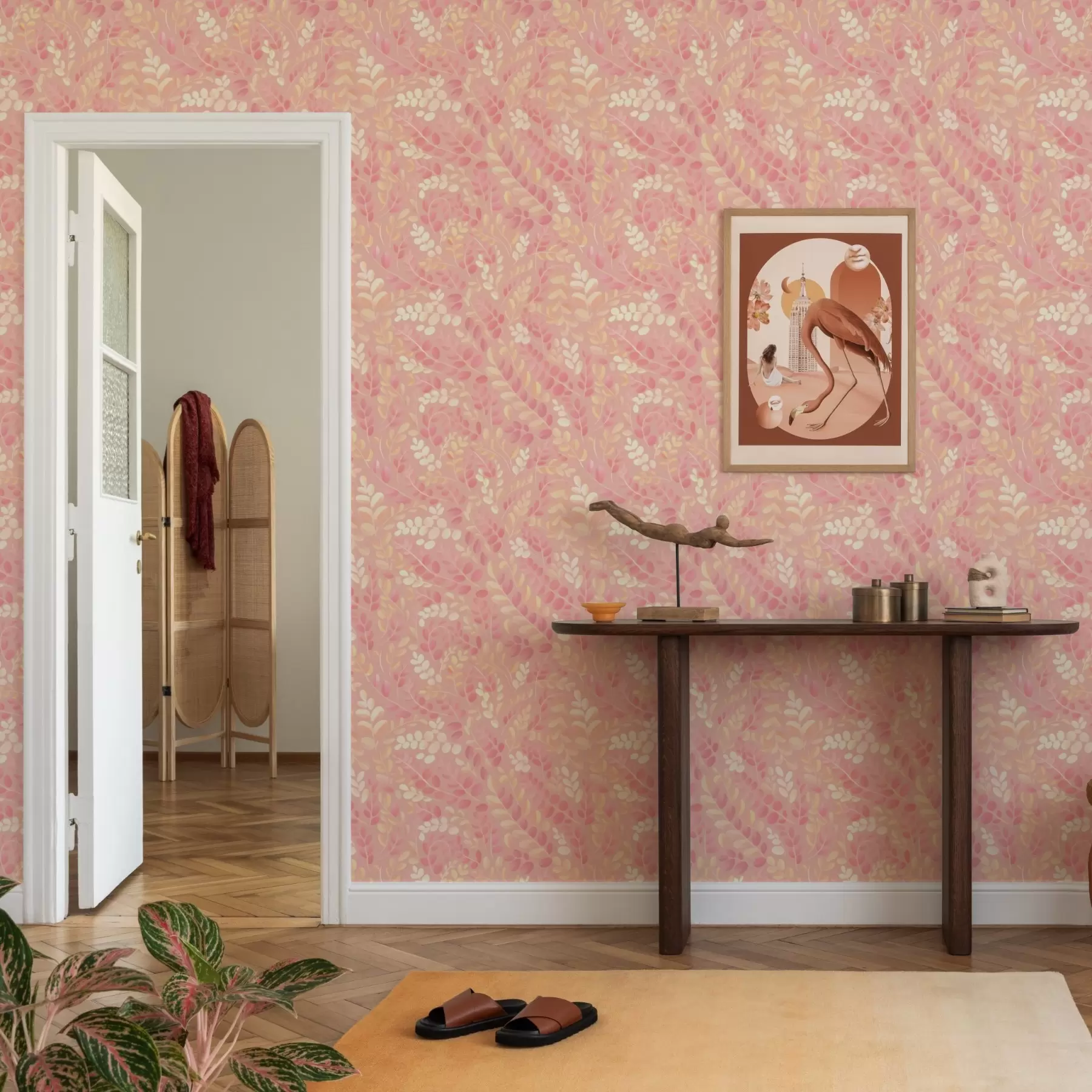 carta da parati Delicato fogliame rosa-pesca con un leggero luccichio di colore nr. a00799