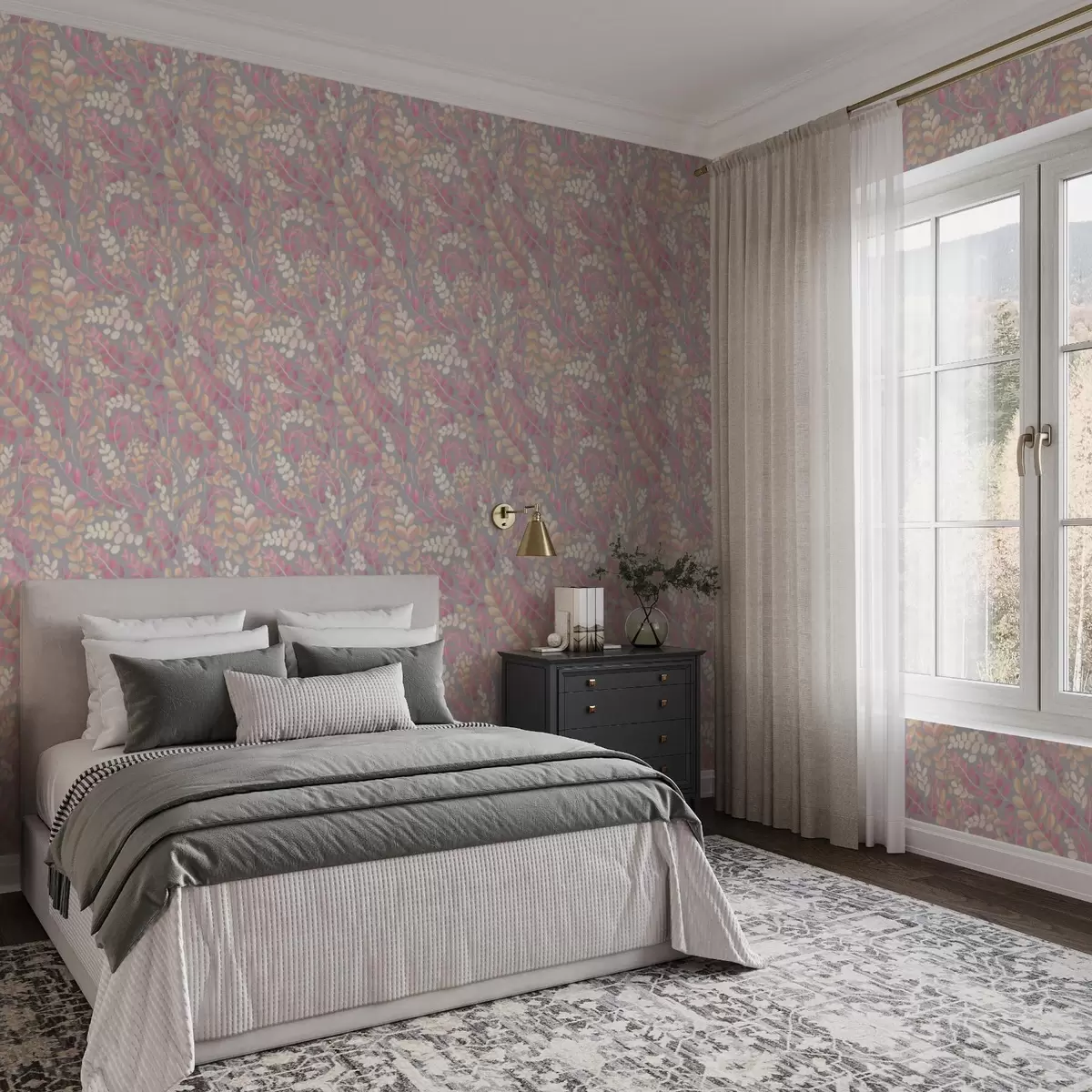 Carta da parati Rami color pastello con fogliame rosa-pesca su sfondo grigio a00799v1