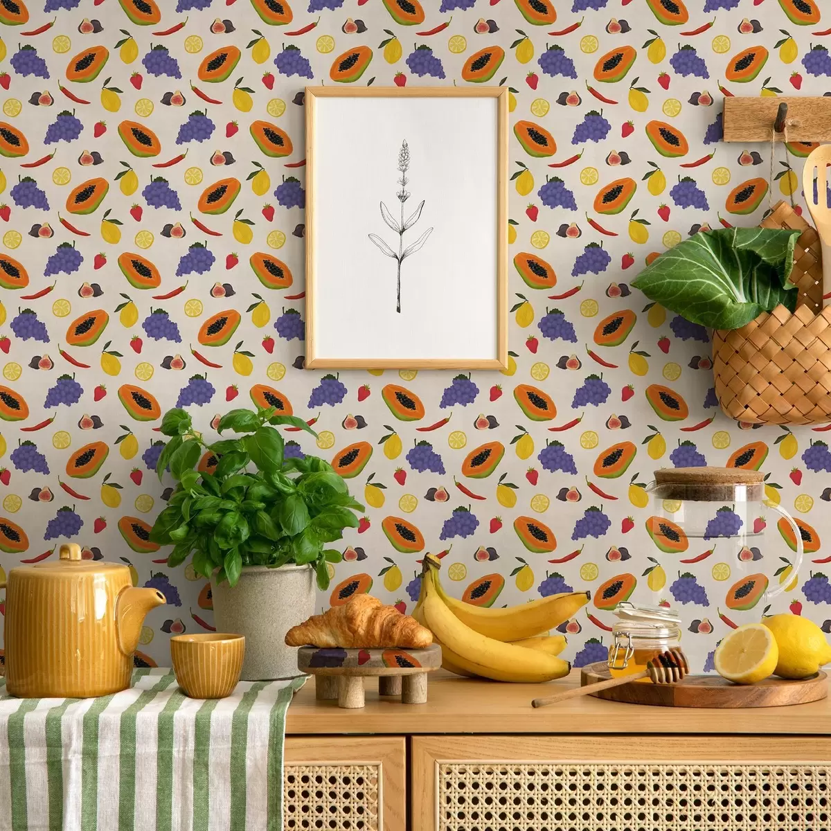 Carta da parati Papaya, uva e limoni: un mix di frutta dai colori vivaci a00803