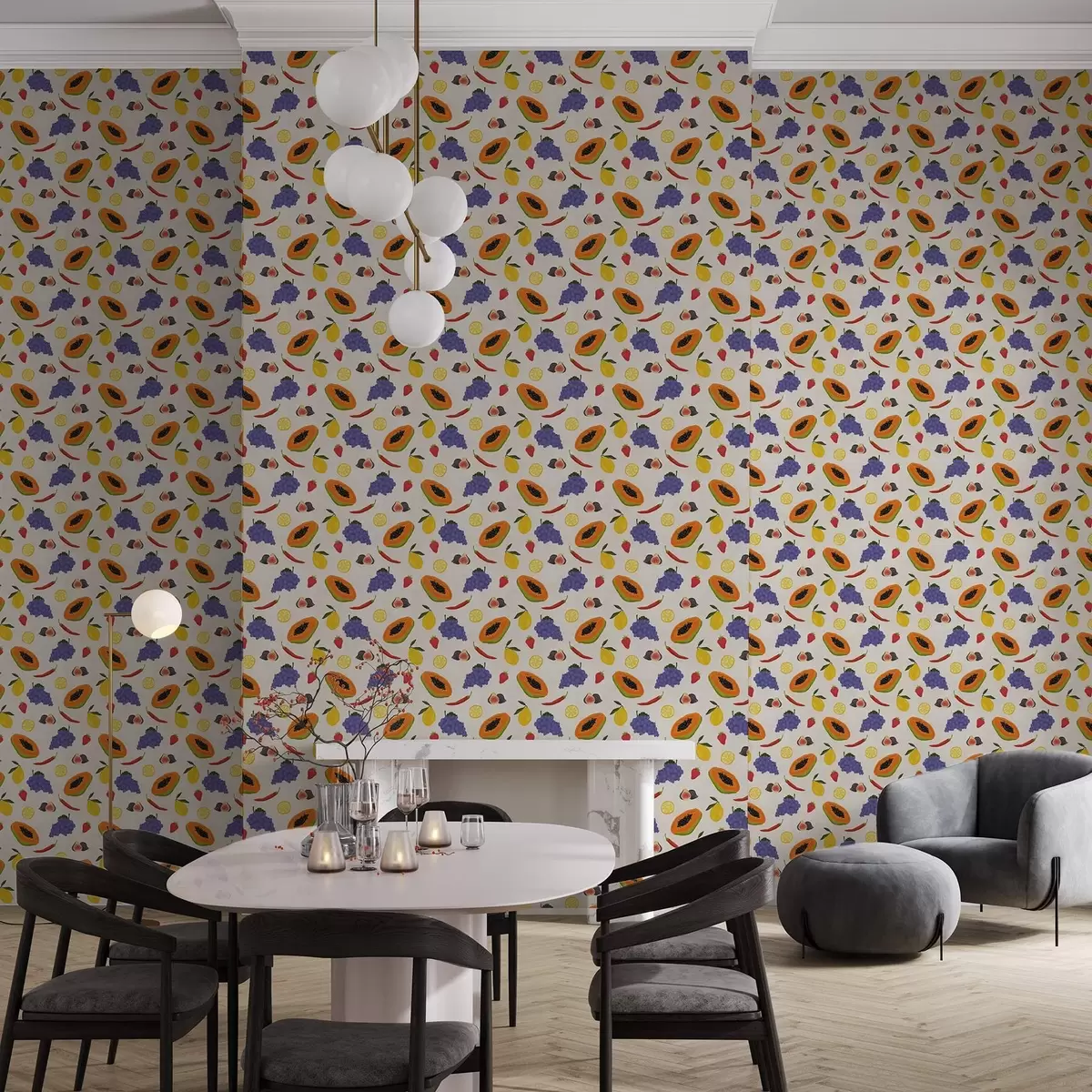 Carta da parati Papaya, uva e limoni: un mix di frutta dai colori vivaci a00803