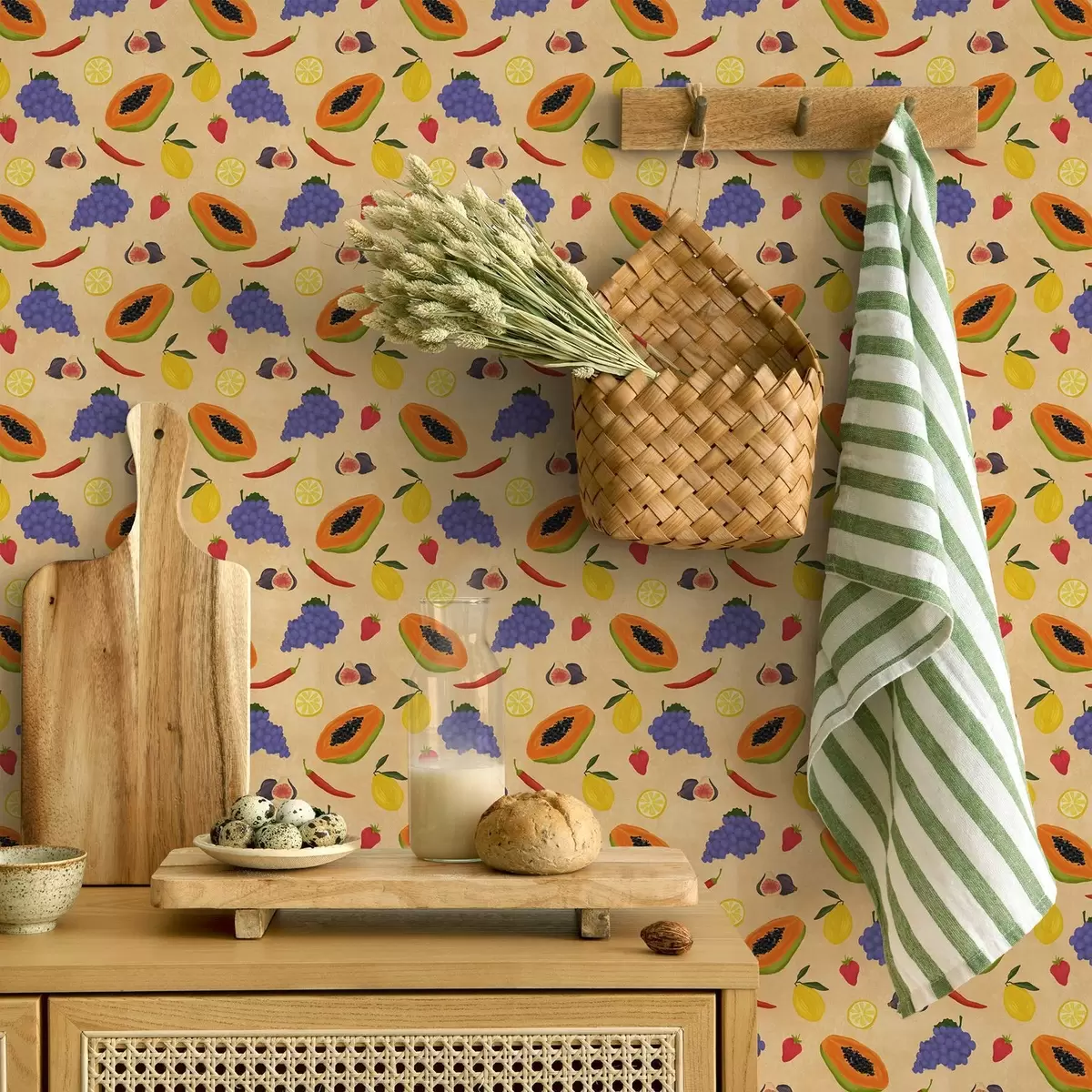 Carta da parati Papaya, agrumi e frutti di bosco su uno sfondo ricco e caldo a00803v1