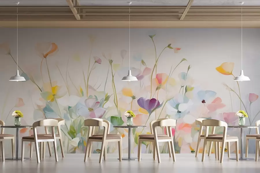 Carta da parati Floreale Campo astratto di fiori colorati con steli lunghi e foglie verdi, texture, colori pastello, colori chiari n. w09466