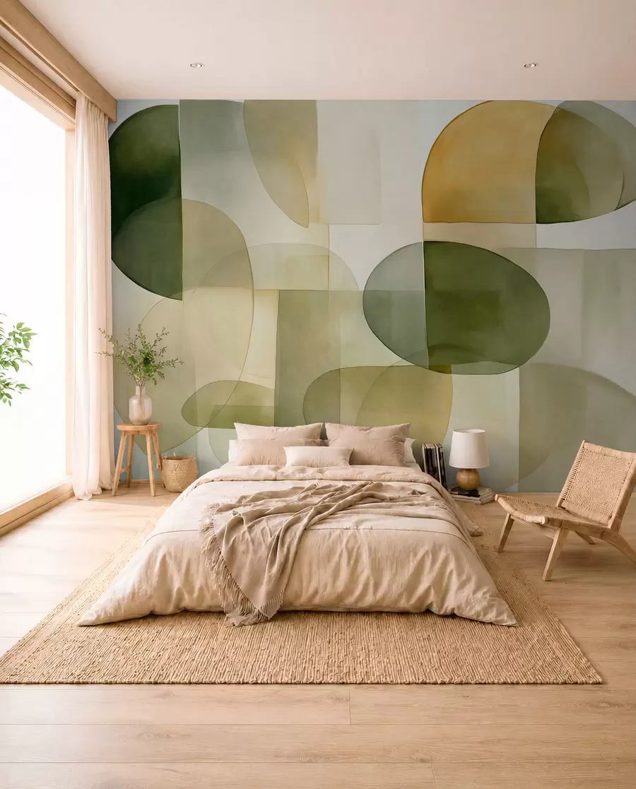 carta da parati Forme astratte con texture in tonalità di verde e giallo, toni tenui, composizione minimalista, sfondo neutro nr. w09467