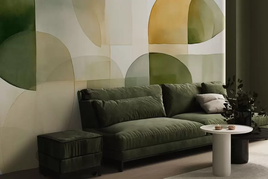 carta da parati Forme astratte con texture in tonalità di verde e giallo, toni tenui, composizione minimalista, sfondo neutro nr. w09467