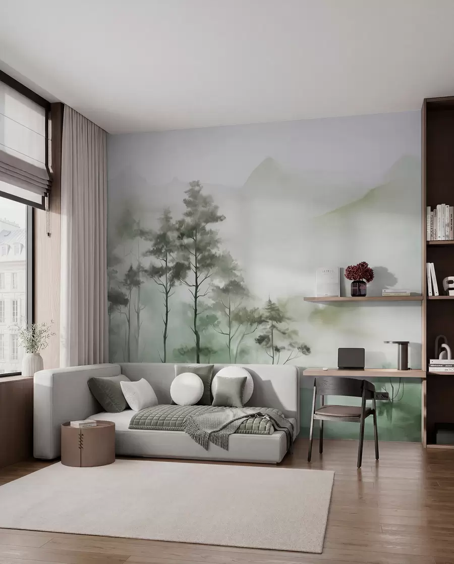 Carta da parati nature Paesaggio nebbioso con alberi ad alto fusto e montagne dai toni tenui di verde e grigio, stile minimalista, texture 