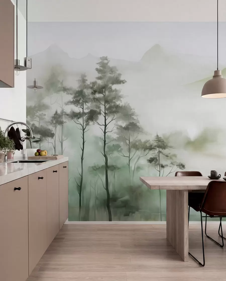 Carta da parati nature Paesaggio nebbioso con alberi ad alto fusto e montagne dai toni tenui di verde e grigio, stile minimalista, texture 