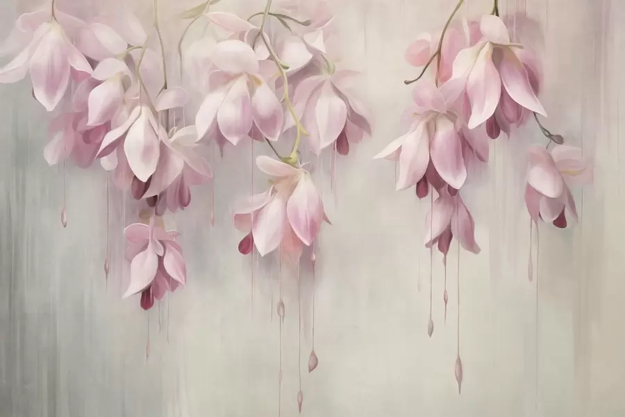 Carta da parati Floreale Fiori rosa pendenti, sfondo grigio chiaro, composizione floreale strutturata, arte botanica, colori pastello n. w09471