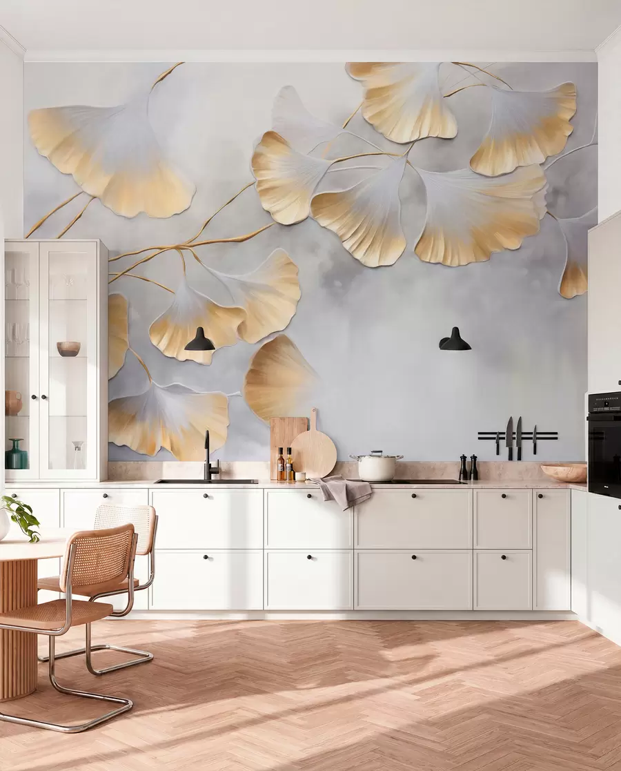 Carta da parati nature Foglie di ginkgo biloba con bordi gialli su un ramo, sfondo grigio testurizzato, design elegante e minimalista 