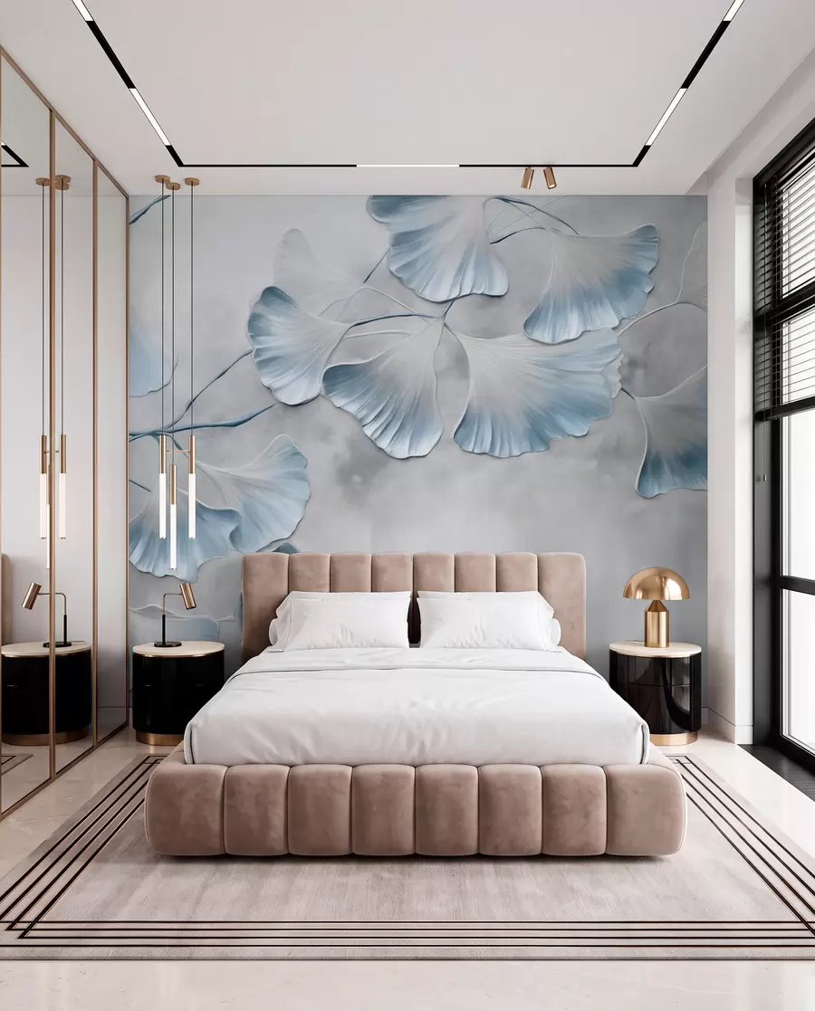 Carta da parati nature Foglie di ginkgo biloba con bordi blu su un ramo, sfondo grigio testurizzato, design elegante e minimalista 