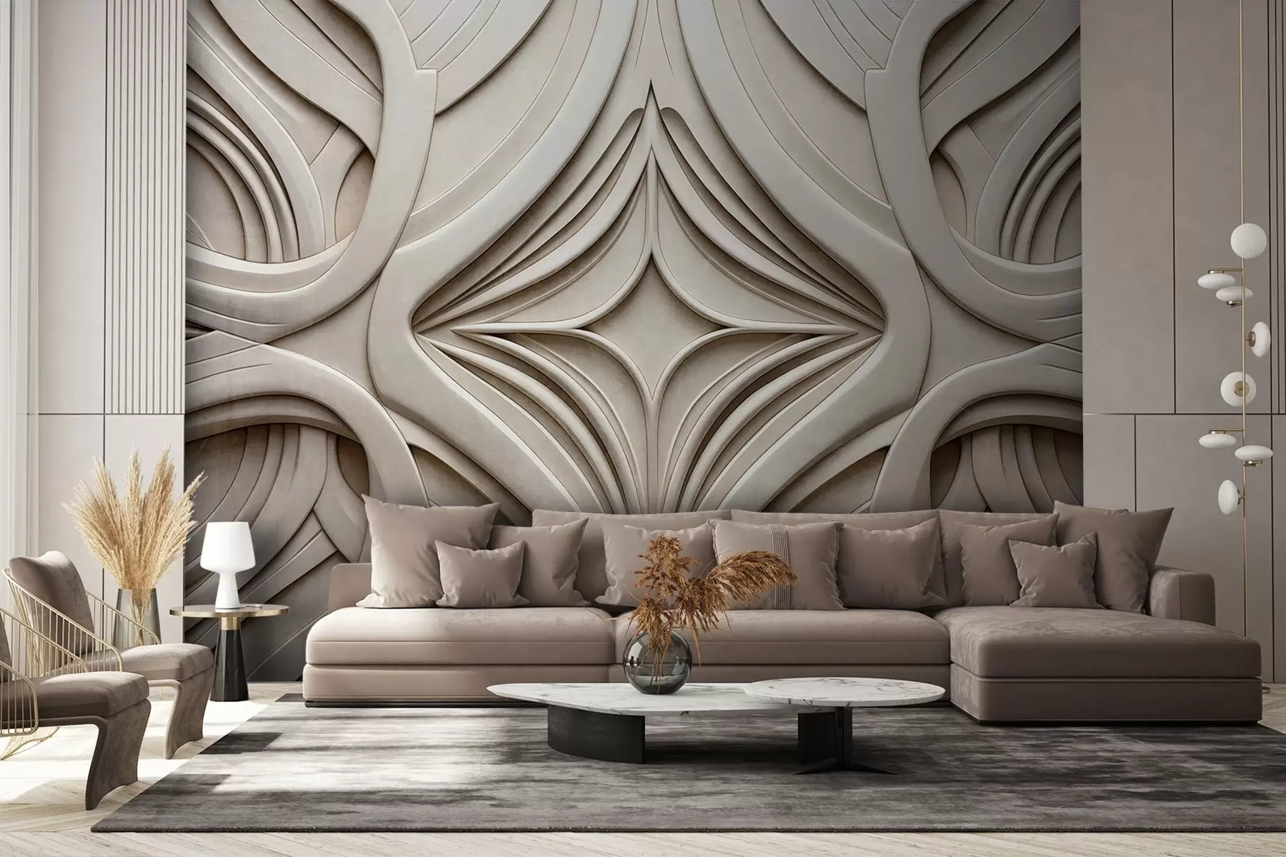 Carta da parati 3D Stampa geometrica astratta simmetrica con texture, colore beige chiaro, stile art déco, dettagli intricati 