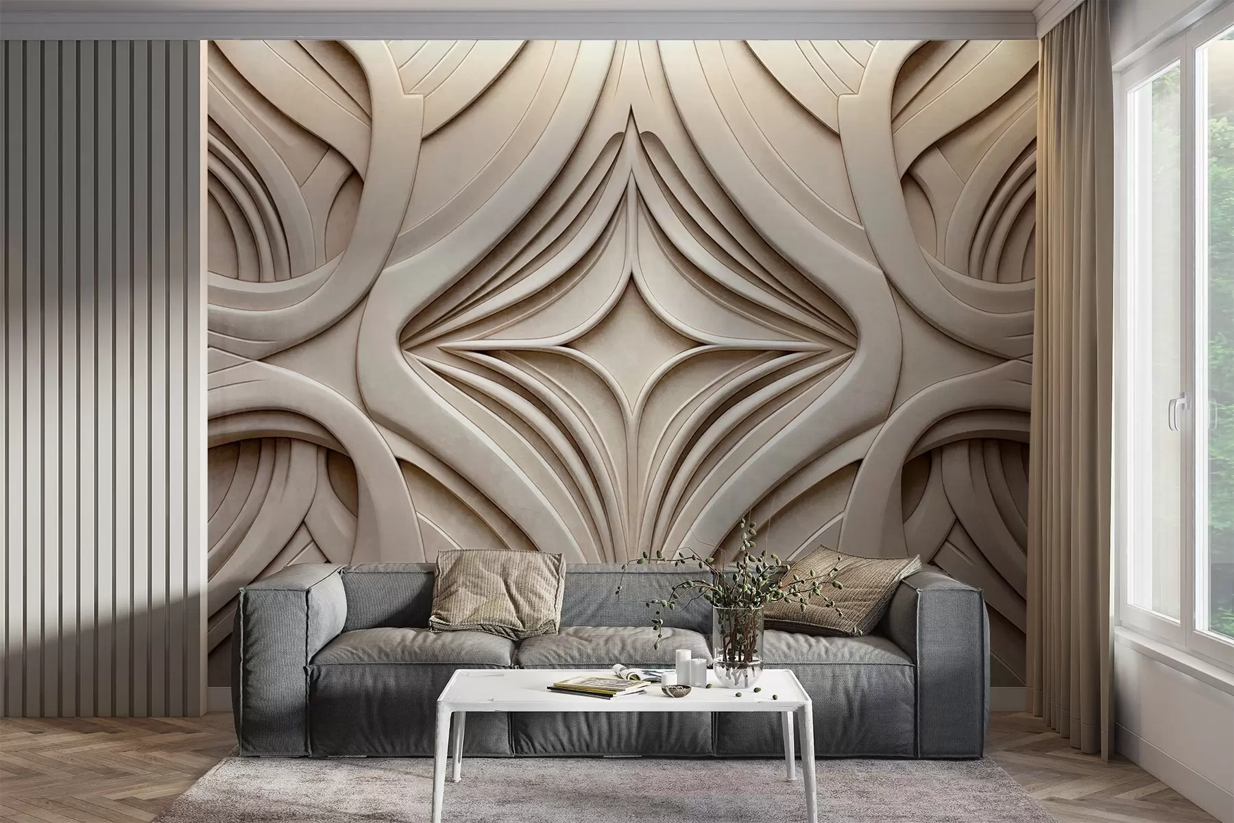 Carta da parati 3D Stampa geometrica astratta simmetrica con texture, colore beige chiaro, stile art déco, dettagli intricati 