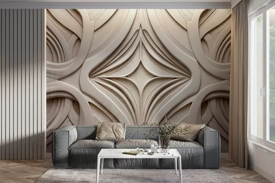 Carta da parati 3D Stampa geometrica astratta simmetrica con texture, colore beige chiaro, stile art déco, dettagli intricati 