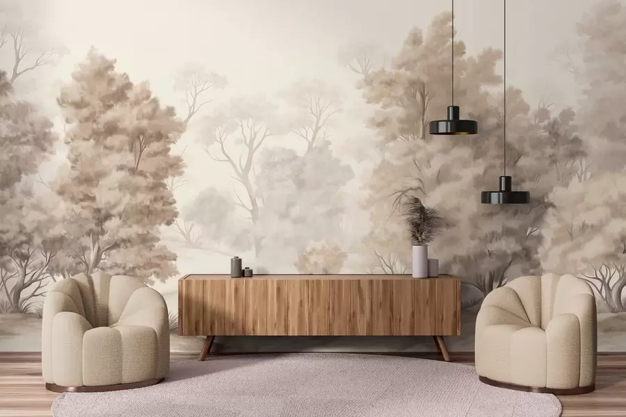 Carta da parati nature Dipinto paesaggistico materico che imita una foresta con alberi ad alto fusto ed erba, colori tenui e morbidi, scena rilassante 