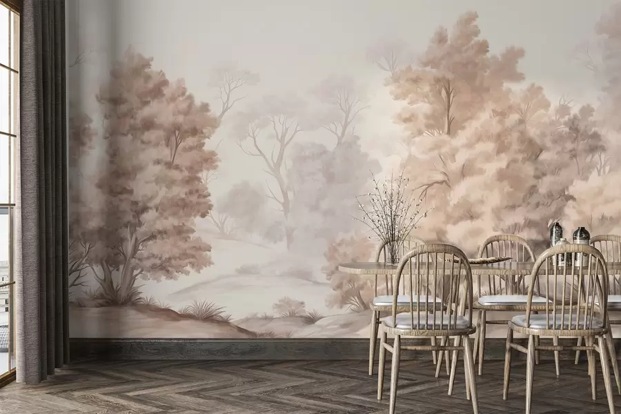 Carta da parati nature Dipinto paesaggistico materico che imita una foresta con alberi ad alto fusto ed erba, colori tenui e morbidi, scena rilassante 