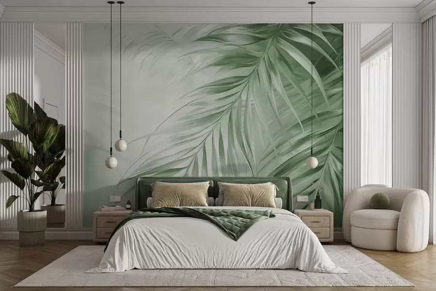 carta da parati Foglie di palma con tonalità verdi, sfondo leggermente strutturato con colori tenui, elegante stile tropicale nr. w09475v2