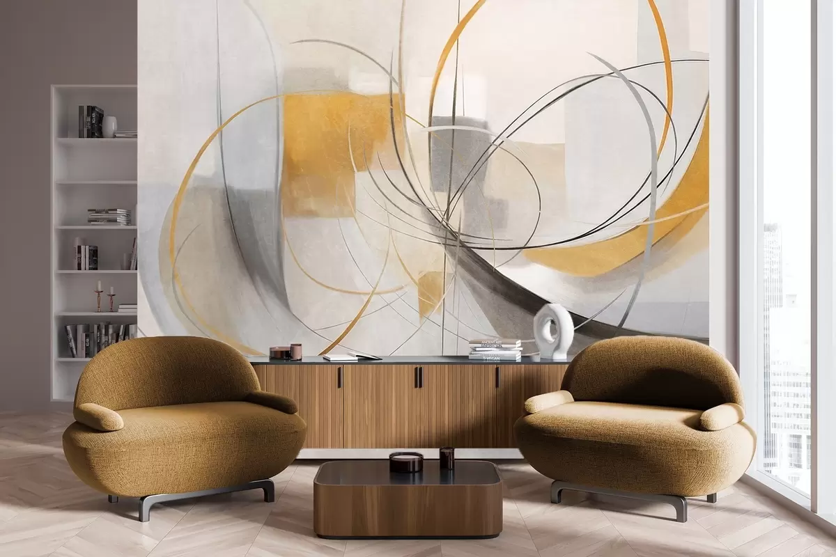 carta da parati Stile pittorico moderno astratto con texture, linee curve e forme geometriche nei toni del grigio, bianco e arancione nr. w09476