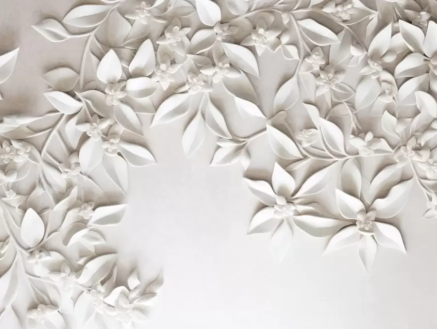 Carta da parati 3D Fiori Fiori e foglie bianchi con texture, composizione floreale, design elegante, stile minimalista, arte decorativa n. w09479