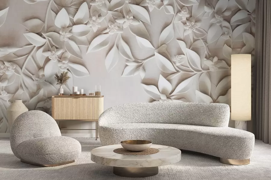 Carta da parati 3D Fiori Fiori e foglie bianchi con texture, composizione floreale, design elegante, stile minimalista, arte decorativa n. w09479