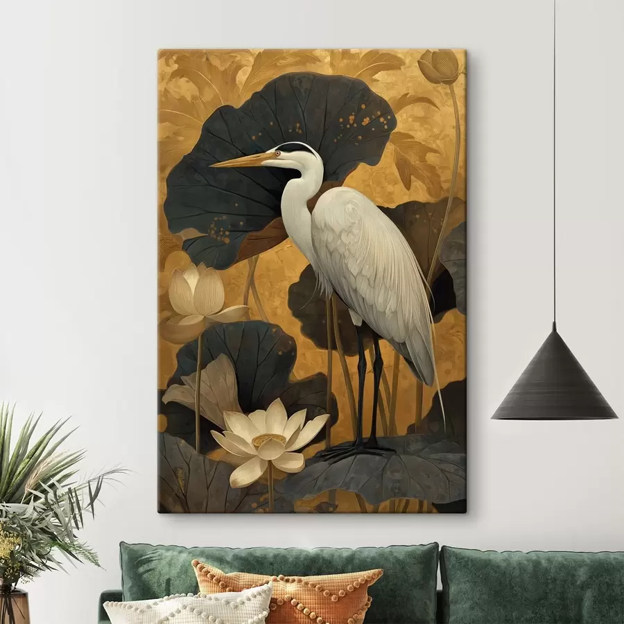 carta da parati Airone tra i fiori di loto su uno sfondo caldo nr. s46148