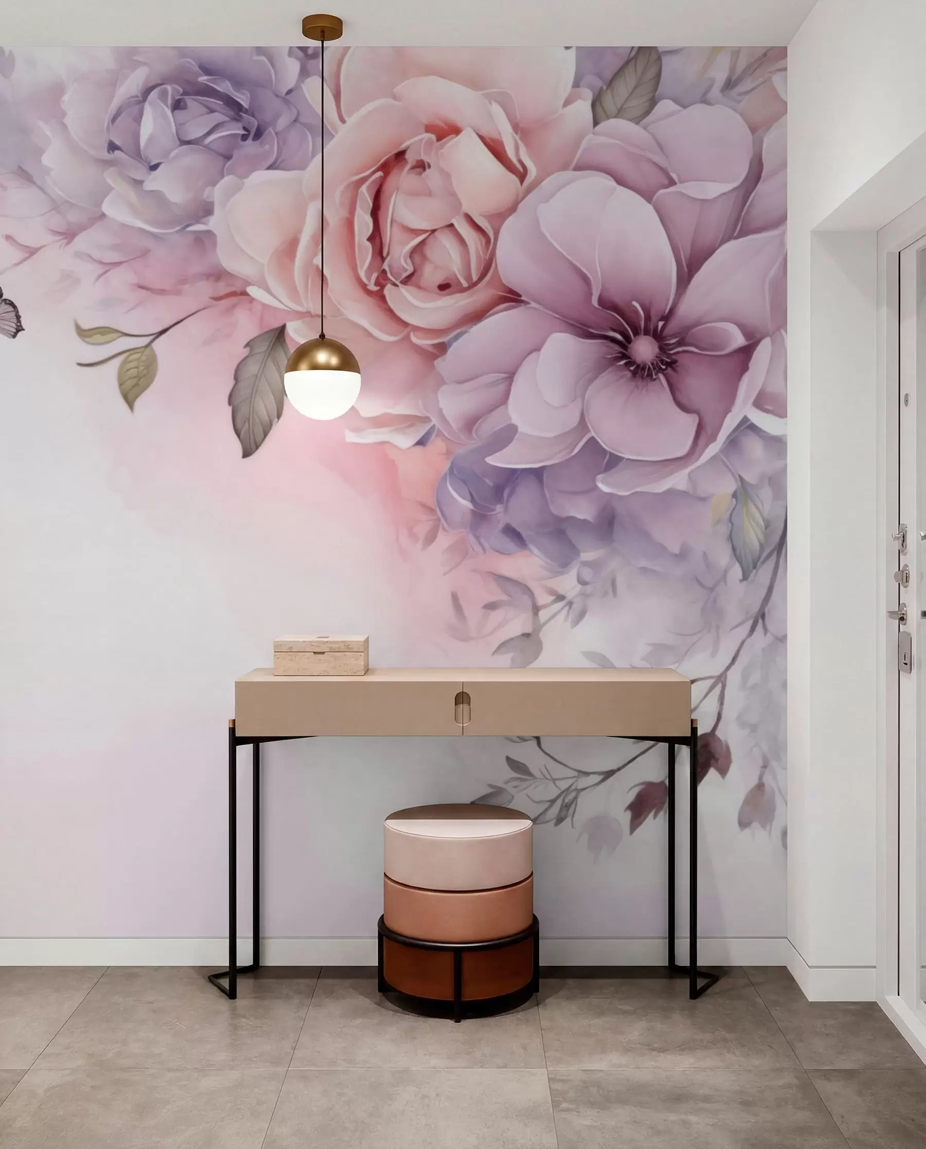 Carta da parati Floreale Delicati fiori rosa e lilla con una farfalla n. w04711