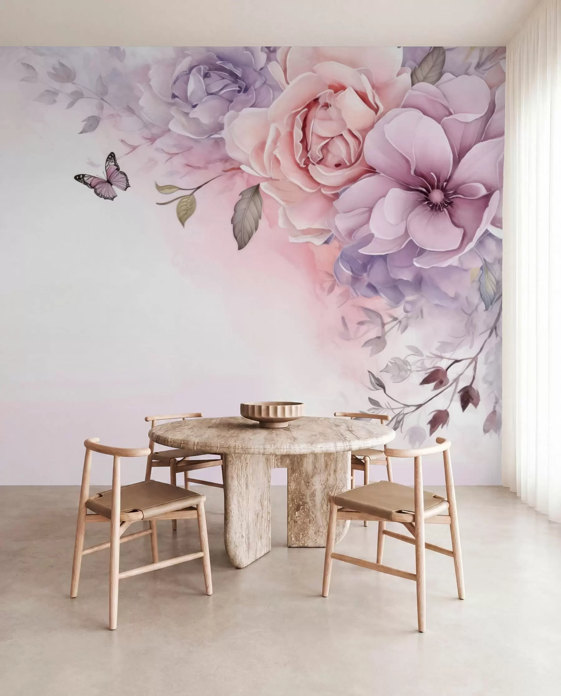 Carta da parati Floreale Delicati fiori rosa e lilla con una farfalla n. w04711
