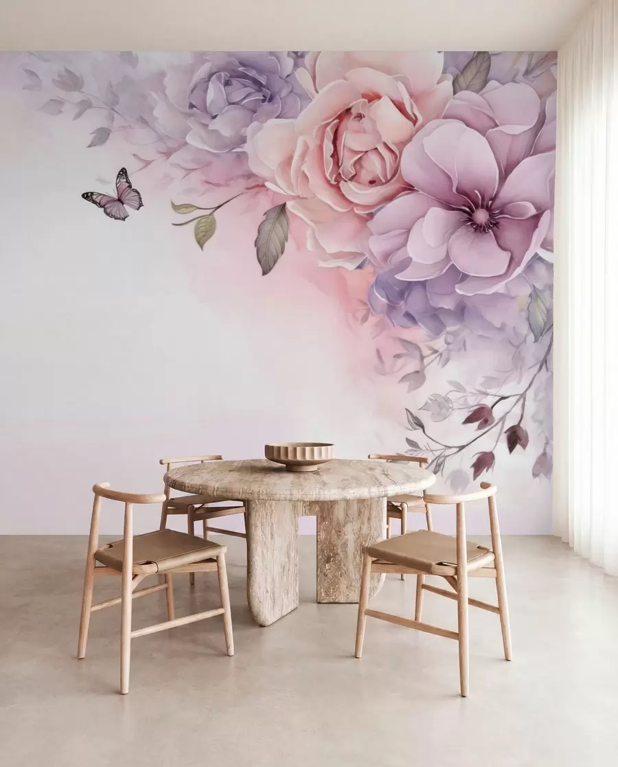 Carta da parati Floreale Delicati fiori rosa e lilla con una farfalla n. w04711