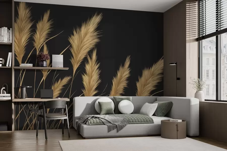 Carta da parati nature Spighe di grano soffici su sfondo scuro 