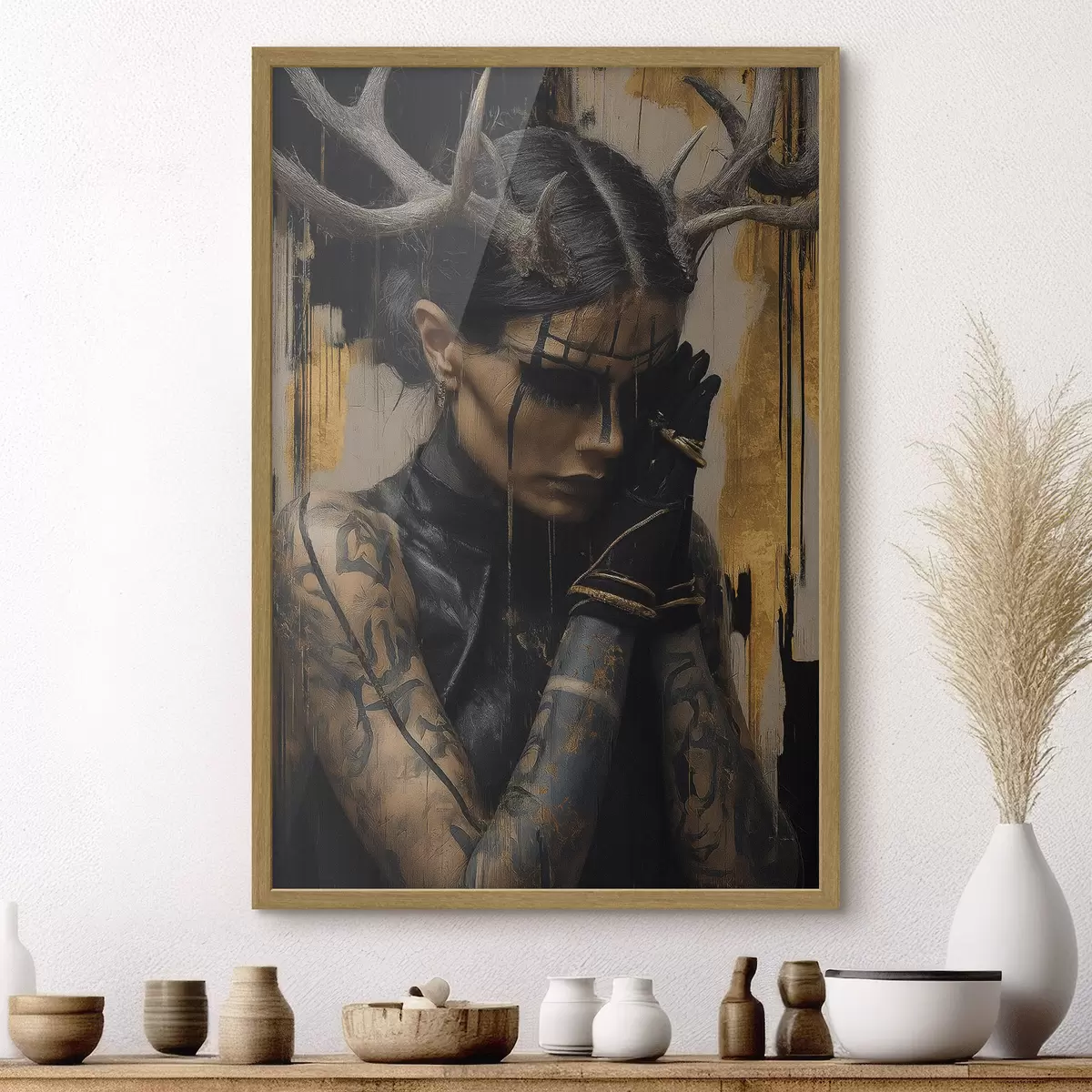Poster Donna con le corna dall'aspetto tenebroso con linee nere sul viso f46144