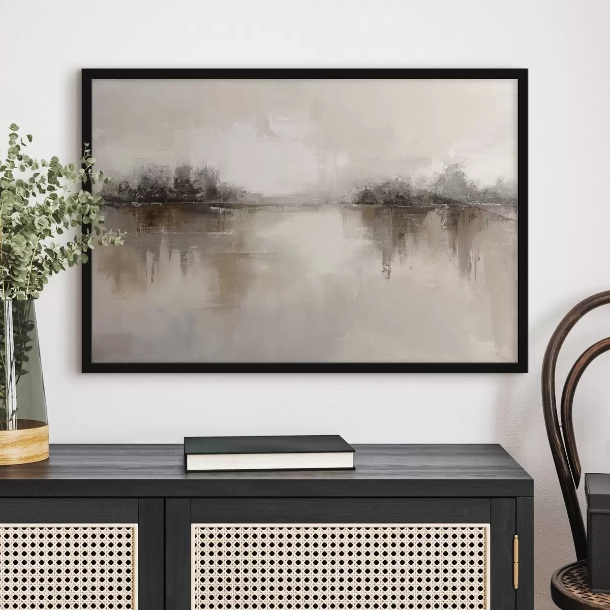 Poster Paesaggio morbido con un lago dai toni caldi beige-grigi f46158