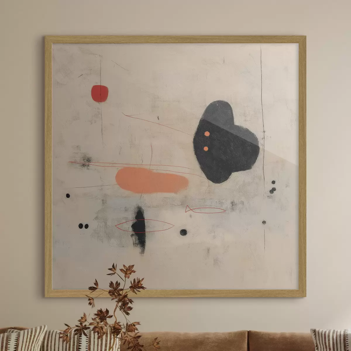 Poster Disegno astratto minimalista con accenti neri e corallo f46159