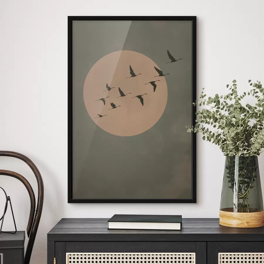 carta da parati Uno stormo di uccelli che vola contro una grande luna calda nr. f46162