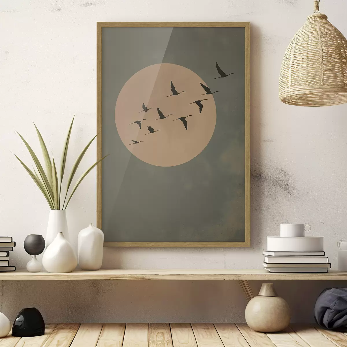 Poster Uno stormo di uccelli che vola contro una grande luna calda f46162