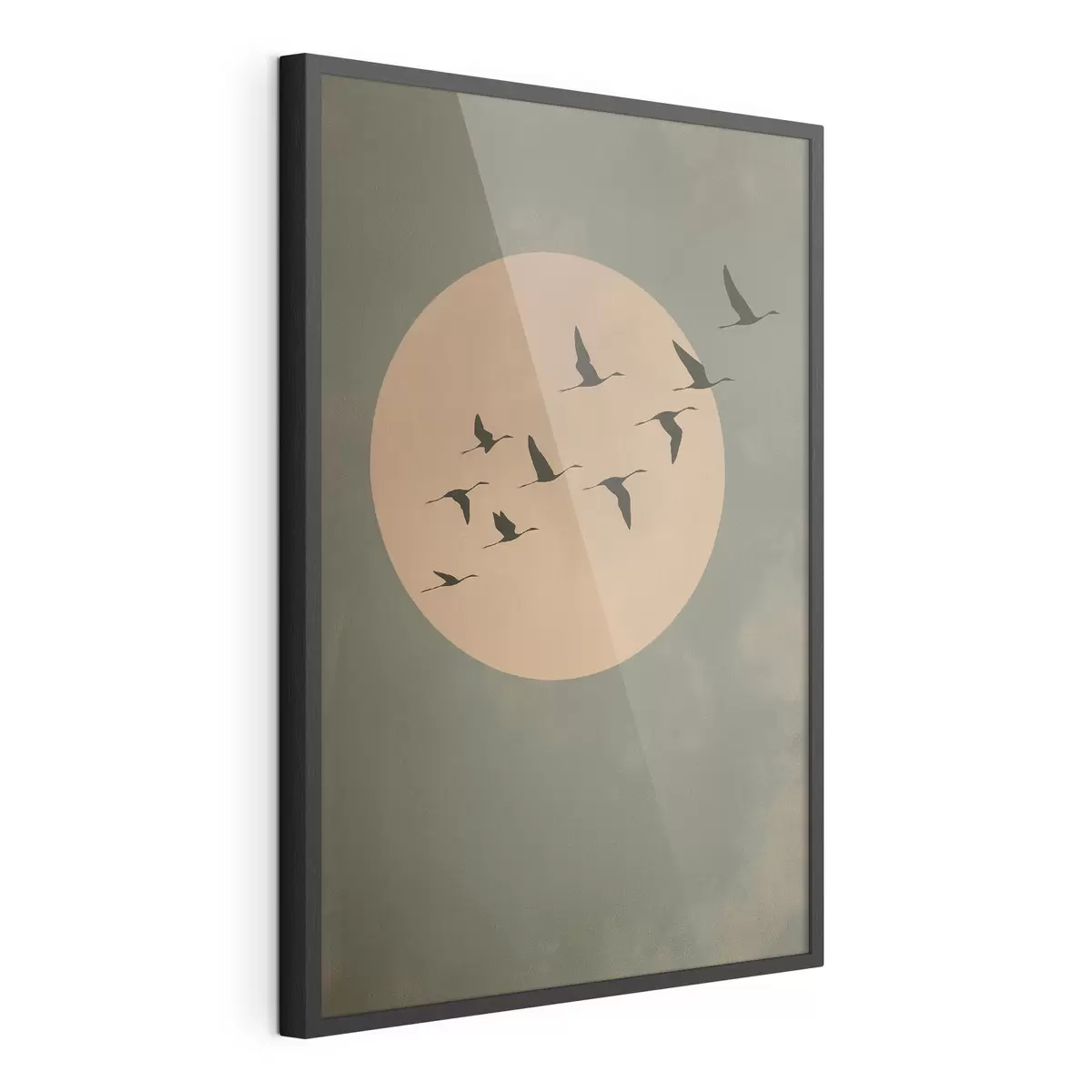 Poster Uno stormo di uccelli che vola contro una grande luna calda f46162
