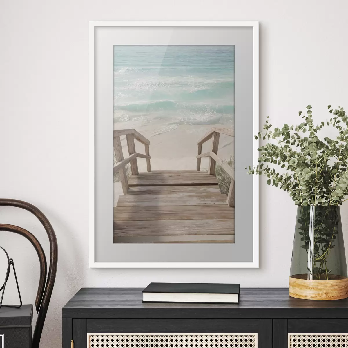 Poster Scale in legno che conducono a una spiaggia turchese f46163