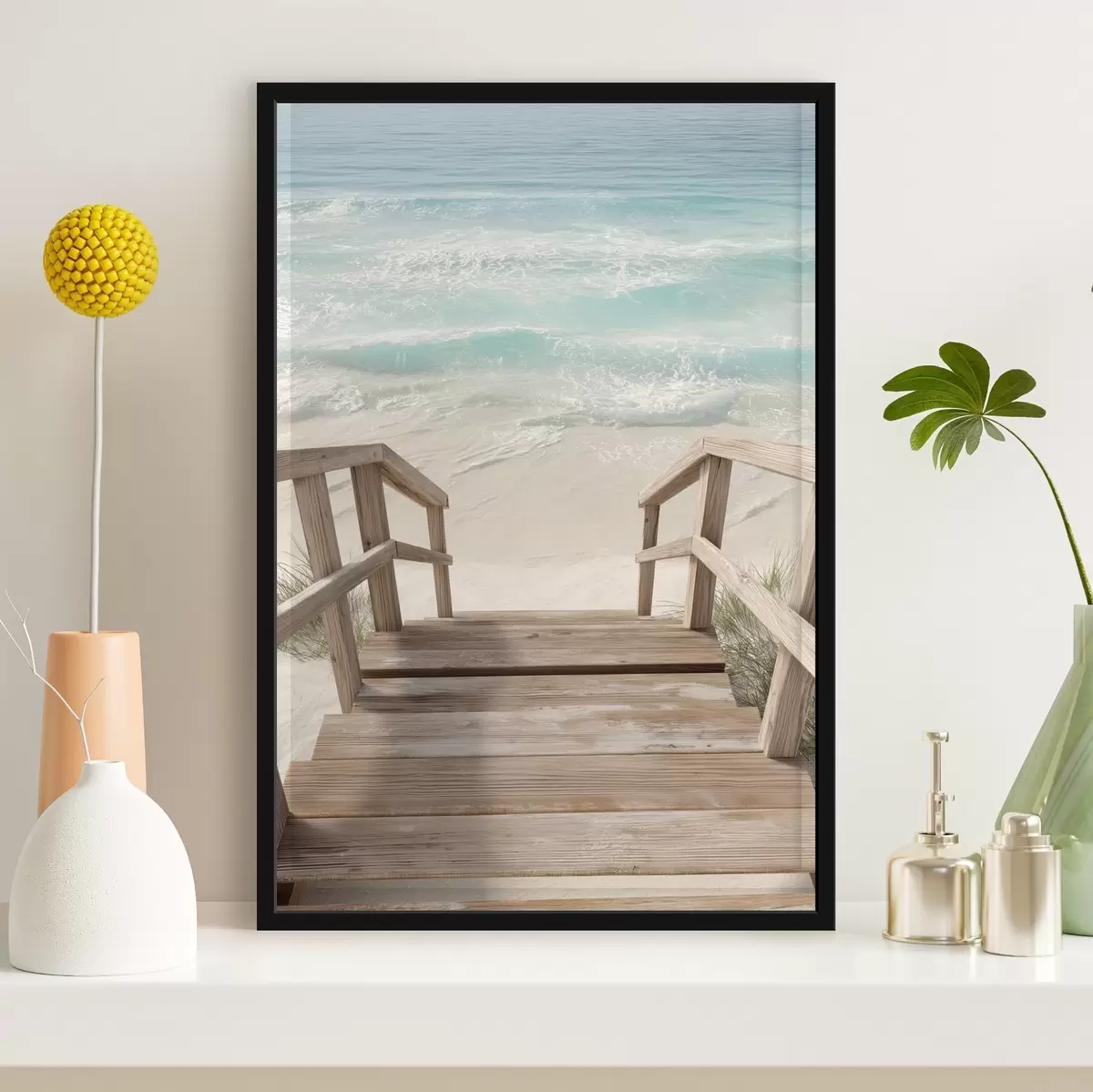 Poster Scale in legno che conducono a una spiaggia turchese f46163