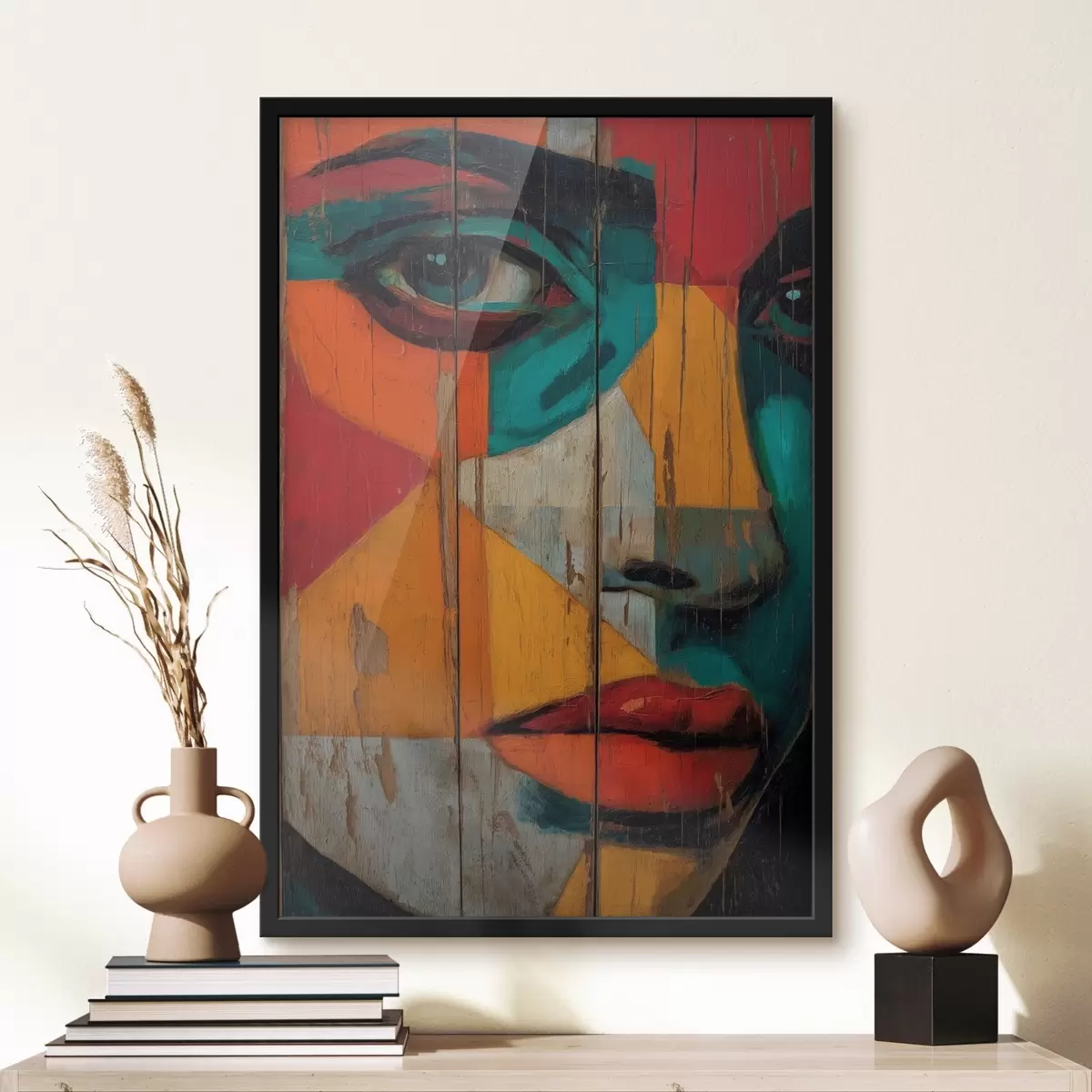 Poster Ritratto geometrico luminoso su tavole di legno f46165