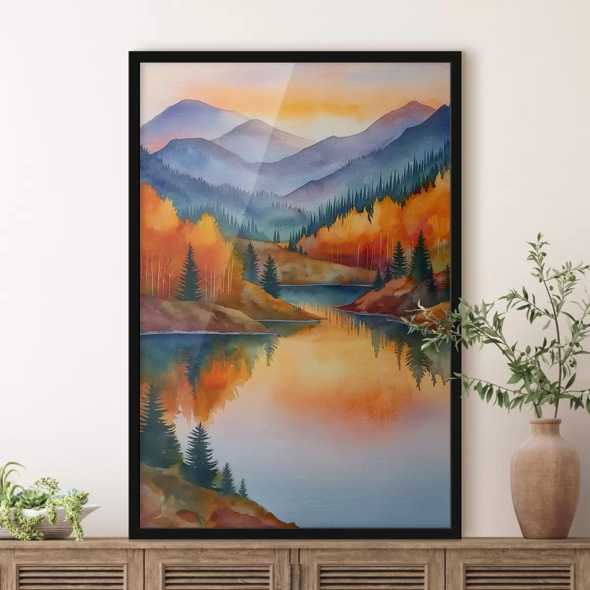 Poster Paesaggio autunnale con montagne riflesse in un lago calmo f46174