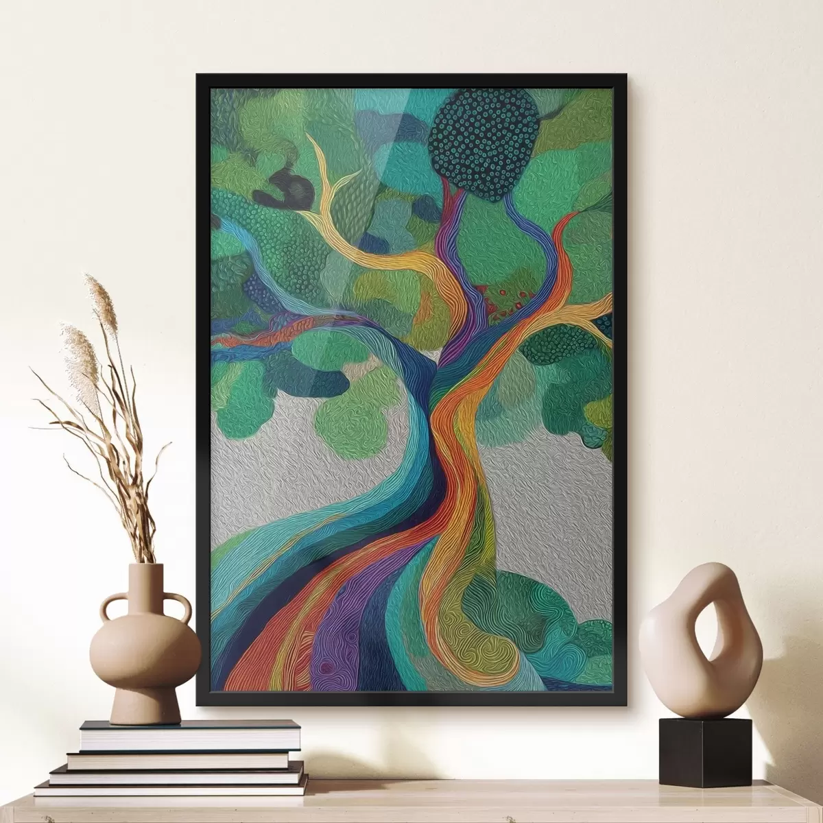 Poster Albero con rami arcobaleno su sfondo verde f46173