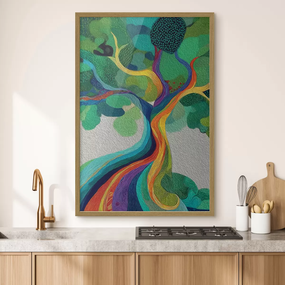 Poster Albero con rami arcobaleno su sfondo verde f46173