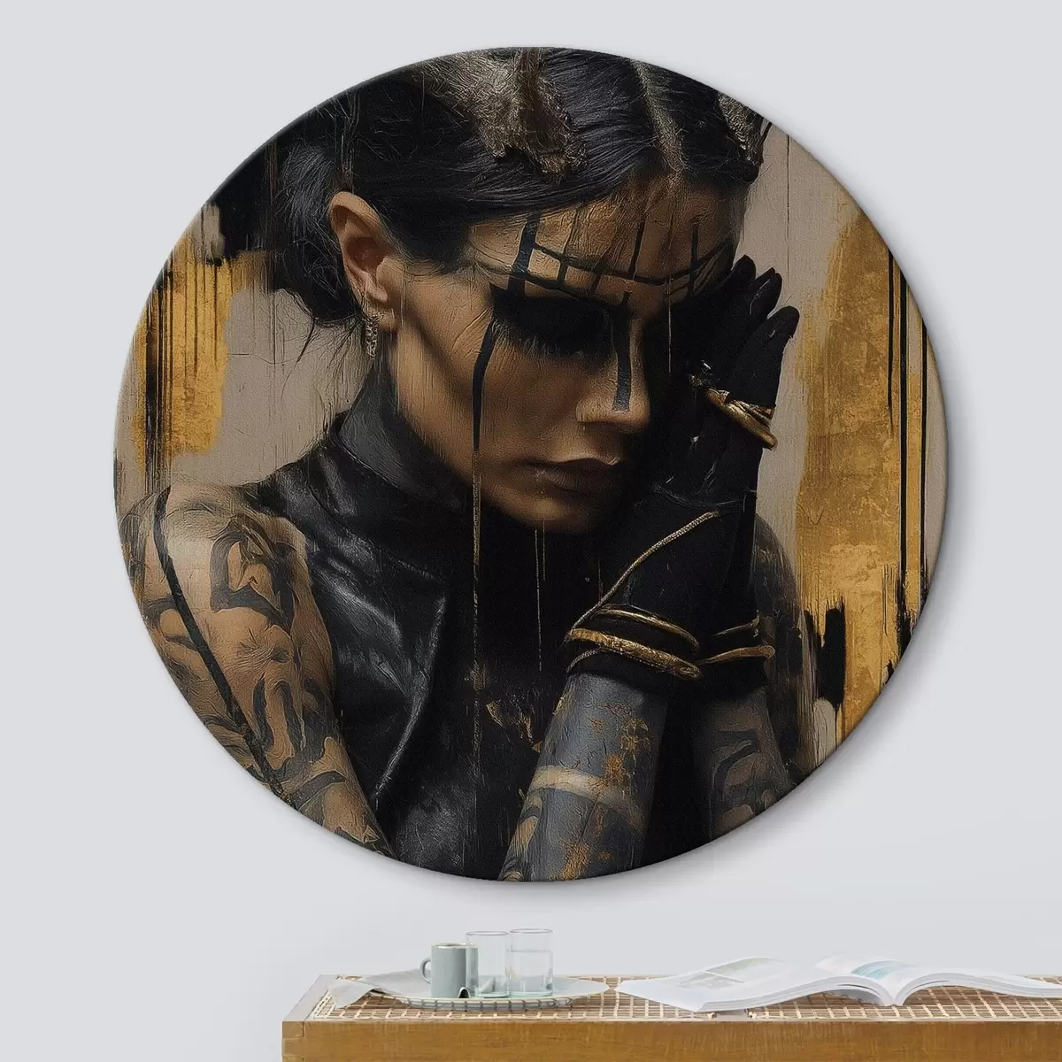 Quadri rotondi Donna con le corna dall'aspetto tenebroso con linee nere sul viso r46144