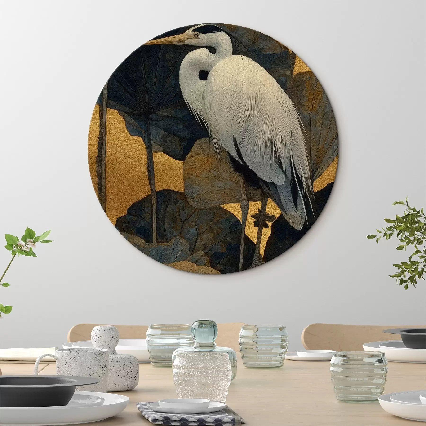 carta da parati Airone bianco tra grandi foglie su uno sfondo caldo nr. r46147