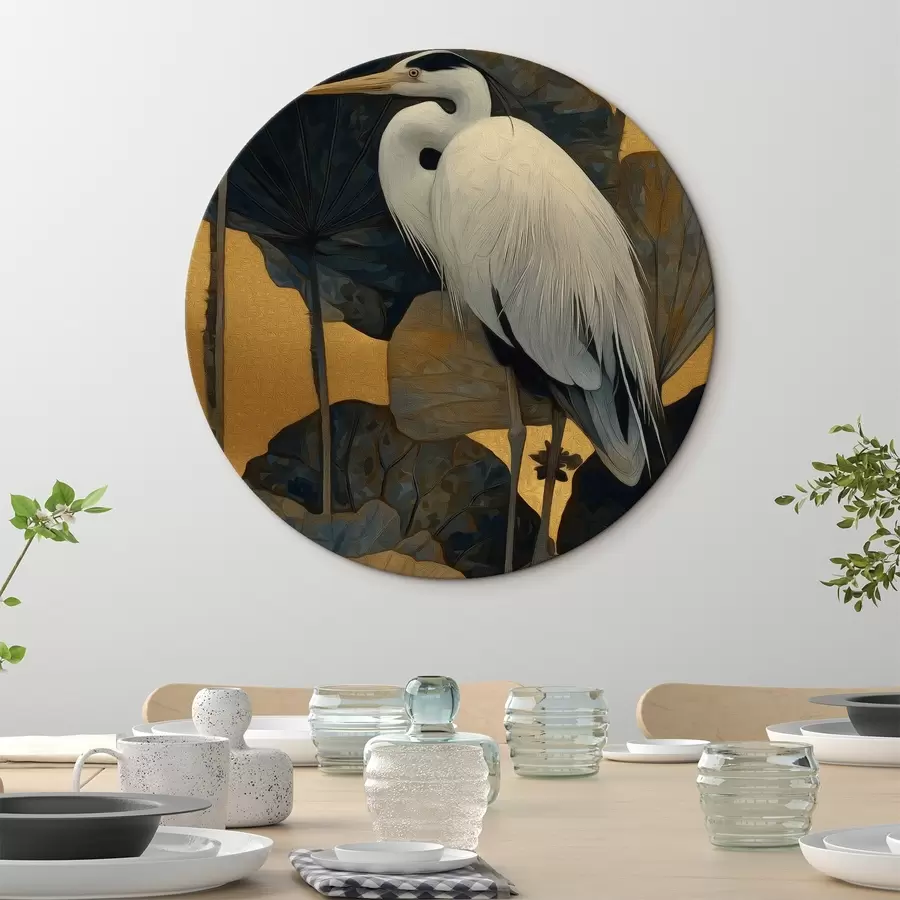 carta da parati Airone bianco tra grandi foglie su uno sfondo caldo nr. r46147