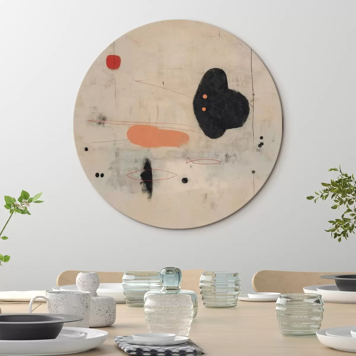 Quadri rotondi Disegno astratto minimalista con accenti neri e corallo r46159