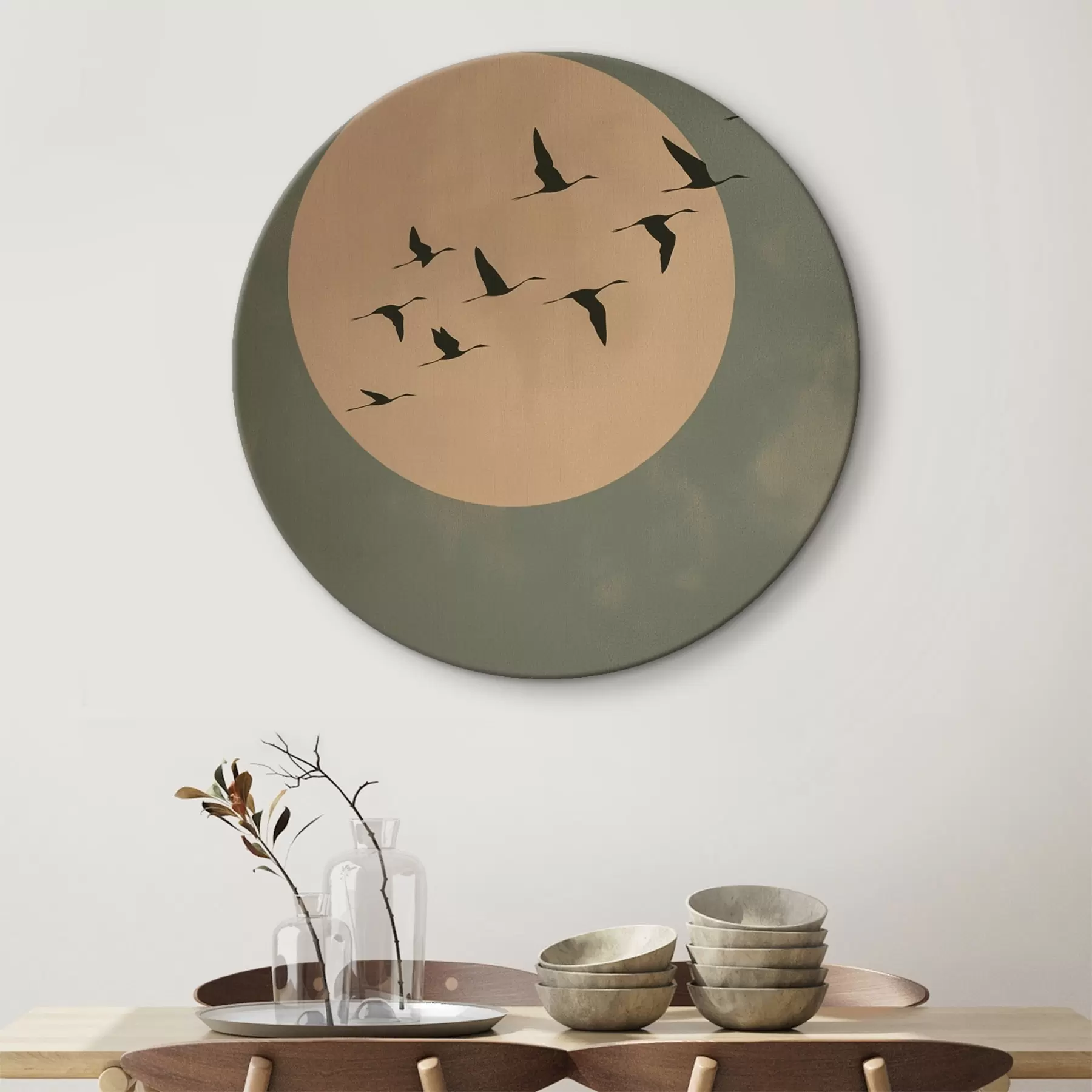 carta da parati Uno stormo di uccelli che vola contro una grande luna calda nr. r46162
