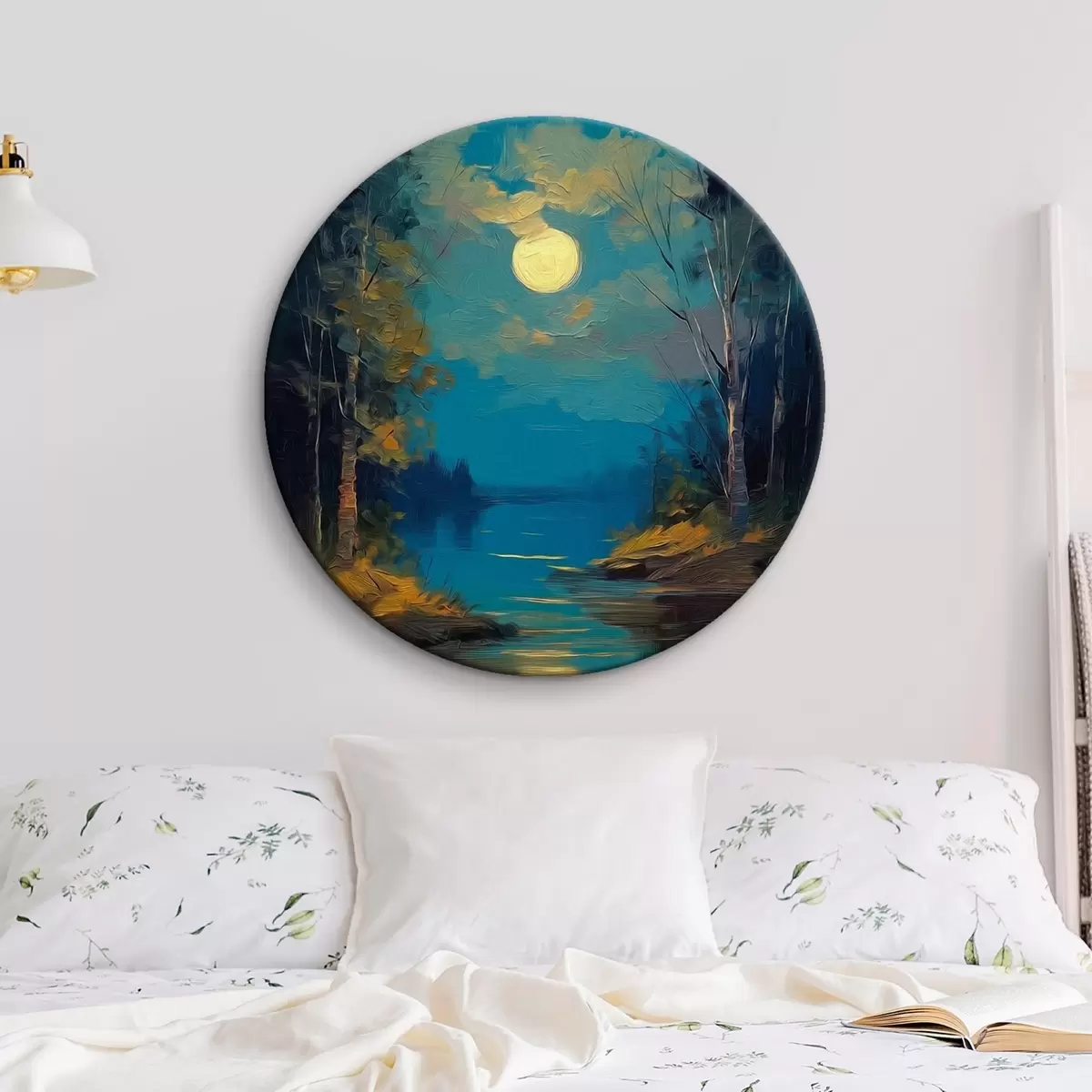 Quadri rotondi Chiaro di luna su un fiume calmo tra i pini r46164