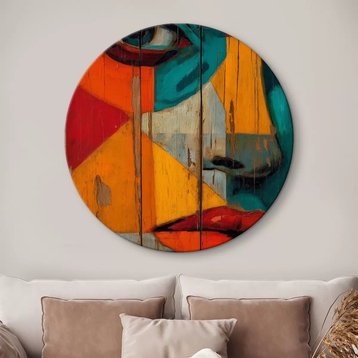 Quadri rotondi Ritratto geometrico luminoso su tavole di legno r46165